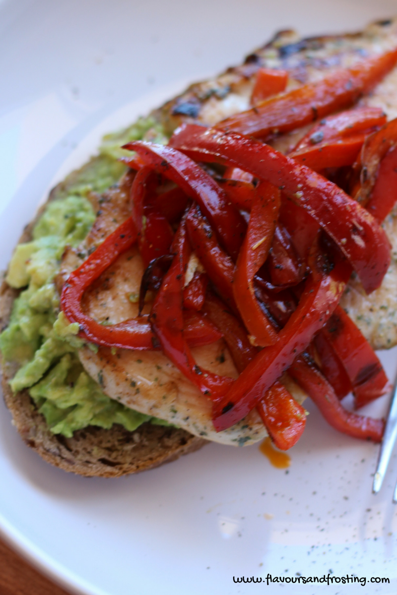 Grilled chicken sandwiches recipe with avo and red pepper..