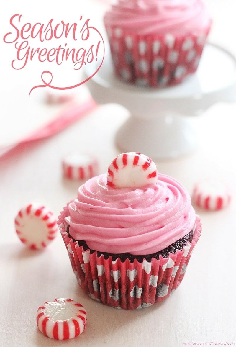 Pink Peppermint Candy Chocolate Cupcakes made with chocolate buttermilk cake mixed with crushed peppermint candies and frosted with pink peppermint cream cheese frosting!