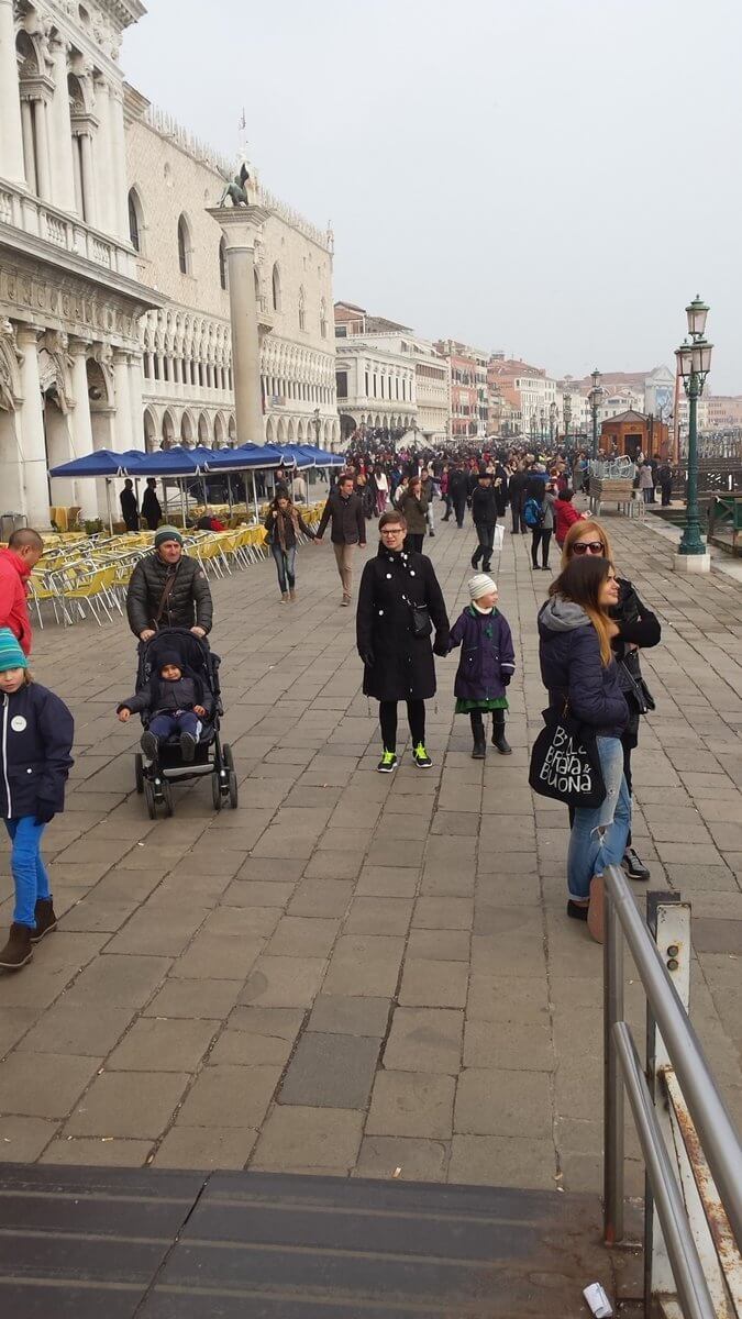 Tourist attractions in Venice Italy. Getting off the Vaporetto, walking towards Piazza San Marco.