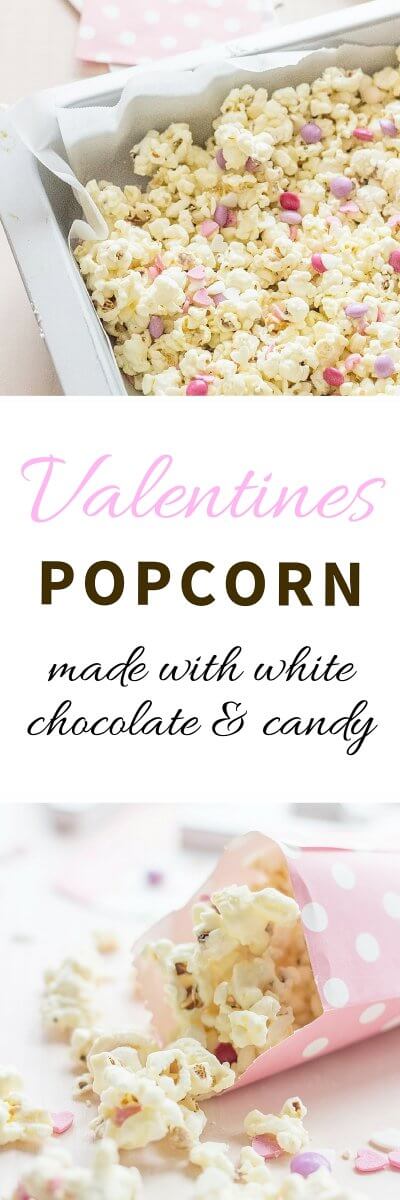  A super easy Valentines Day Gift! Valentines Popcorn made with salted popcorn, melted white chocolate, mini Smarties (M&M´s will do just fine too!) and edible heart confetti | FlavoursandFrosting.com