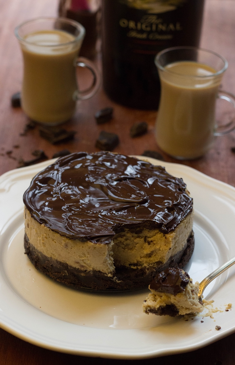Baked Baileys Cheesecake topped with Baileys Chocolate Ganache