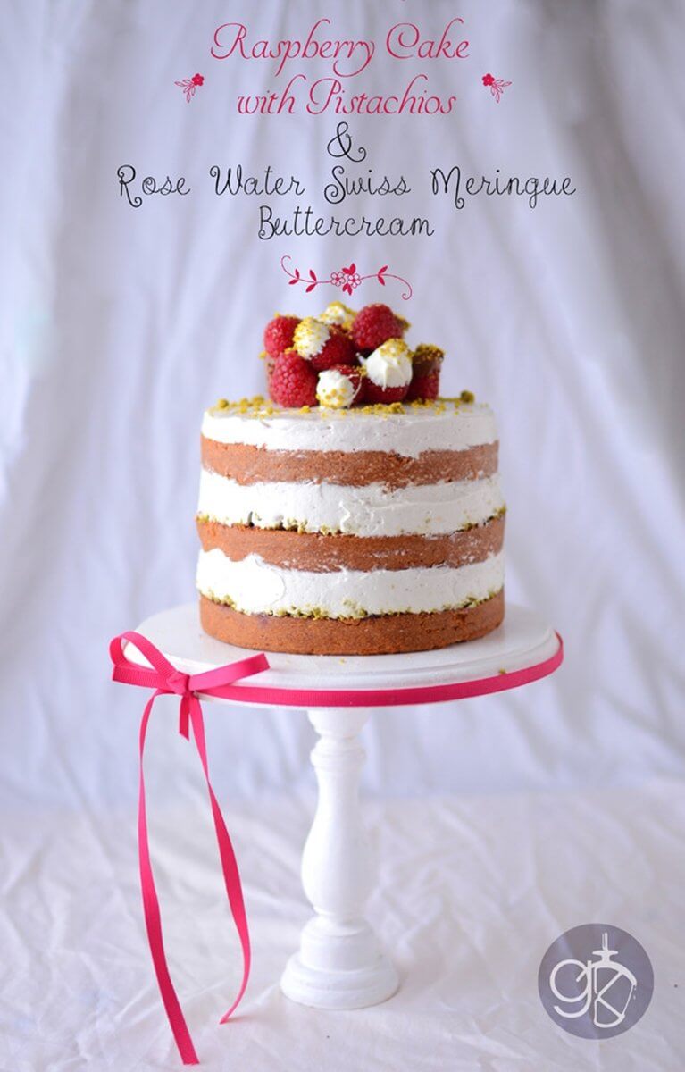 Naked Raspberry Cake with Pistachio and Rose Water | Layer Cakes for Easter round-up on FlavoursandFrosting.com