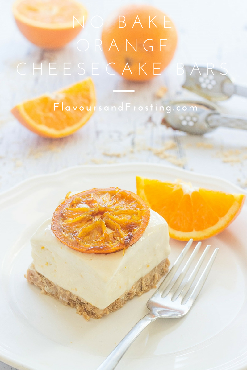 No Bake Orange Cheesecake Bars recipe topped with caramelized oranges... Recipe by FlavoursandFrosting.com